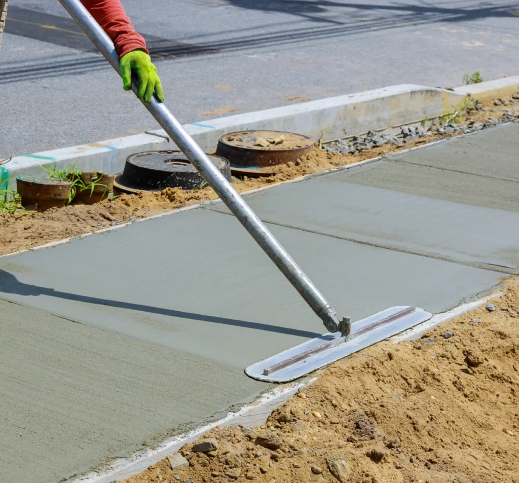 Contractor smoothing a newly repaired commercial concrete slab with a finishing tool in Fort Mill, SC.