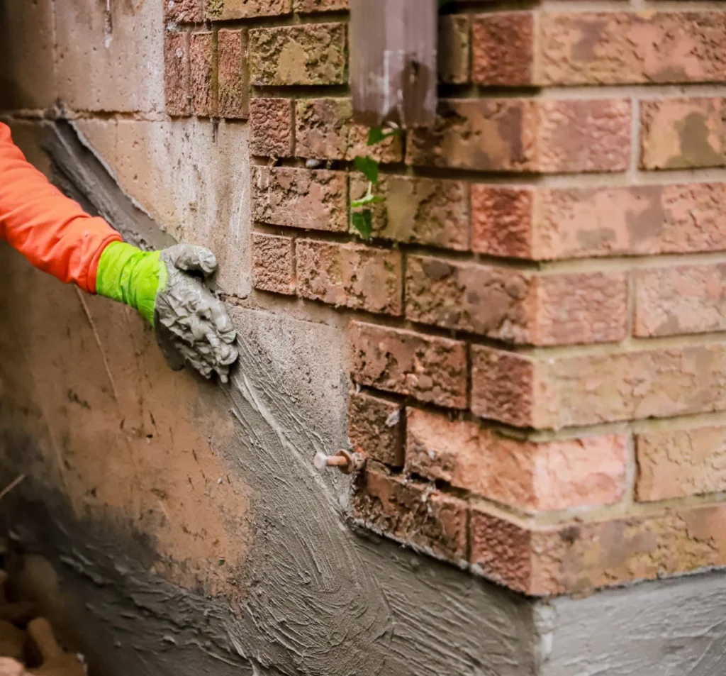 Contractor applying repair mortar to a damaged brick commercial foundation in Fort Mill, SC.
