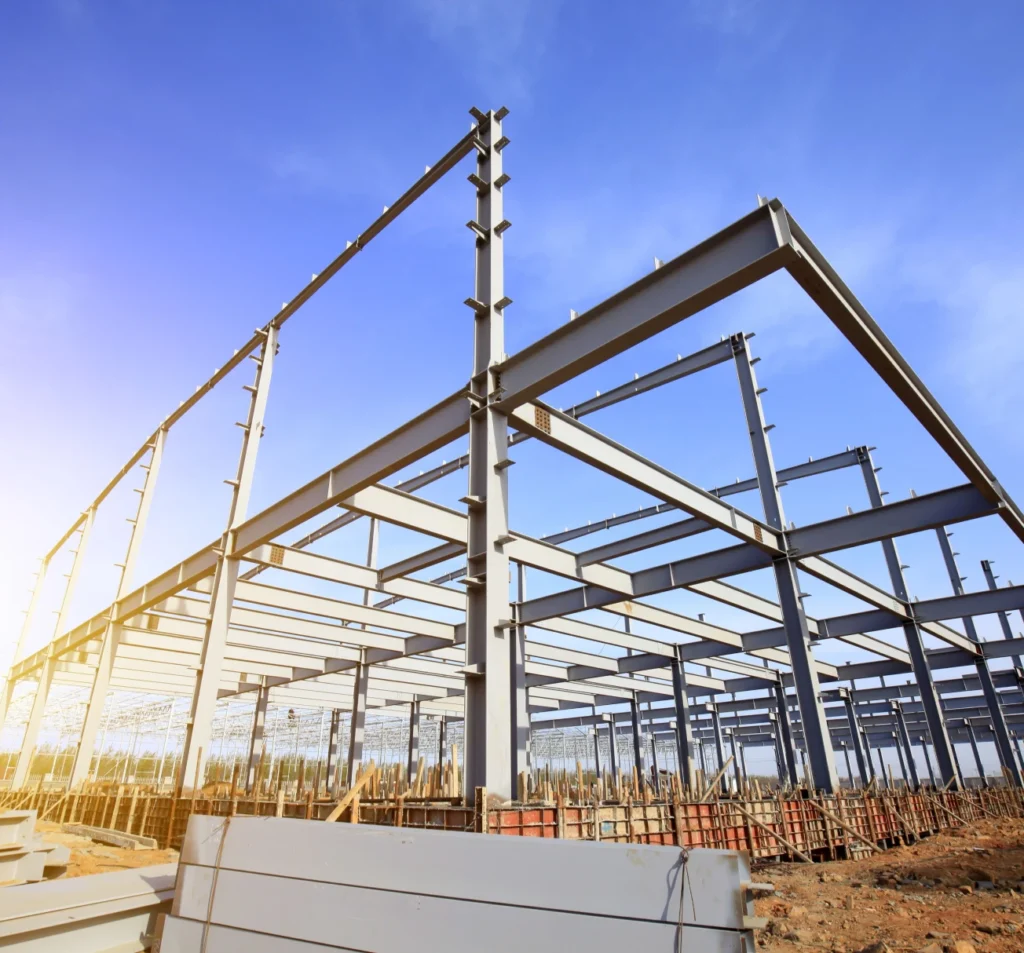 Commercial steel structural frame under construction for shoring and structural support services in Fort Mill, SC.