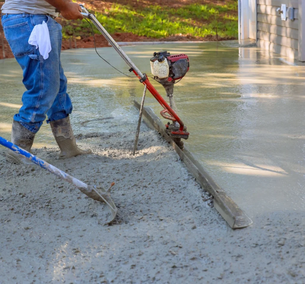 Worker using a power screed to level fresh concrete in Fort Mill, SC