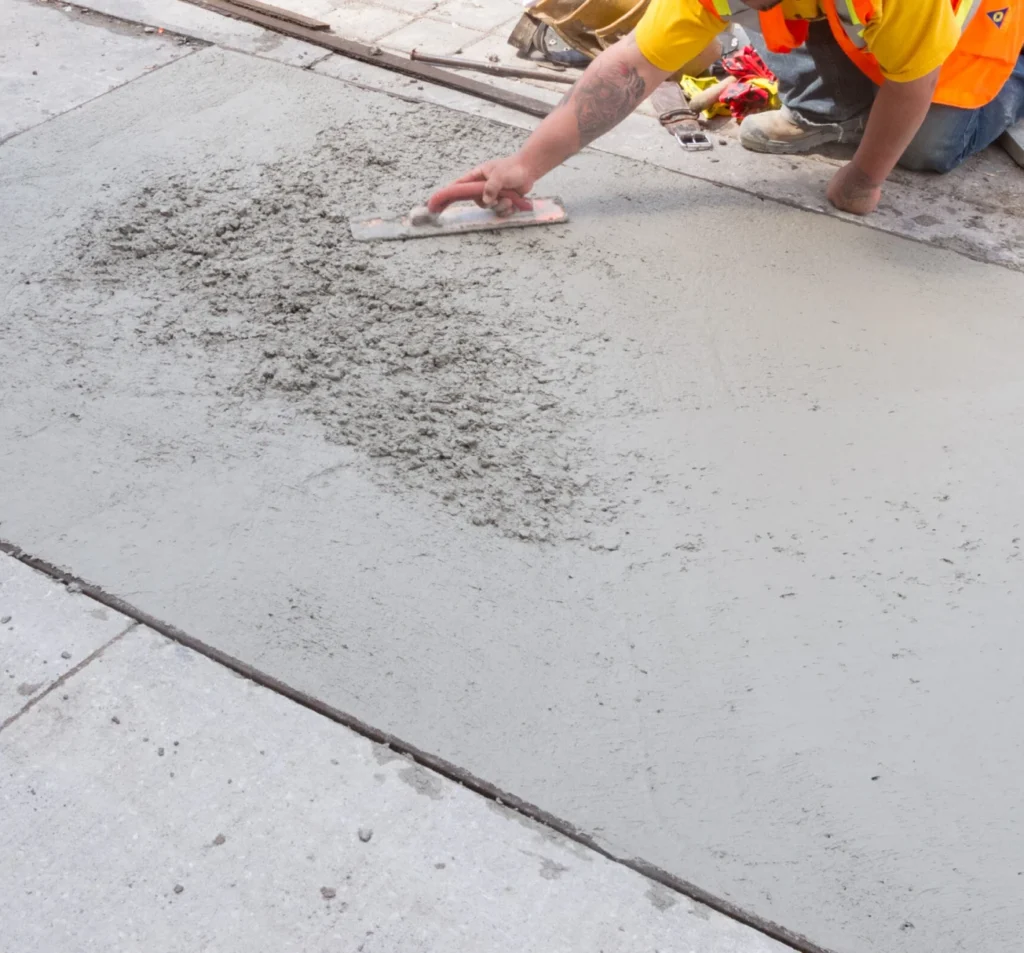 Worker smoothing fresh concrete during slab surface repair in Fort Mill, SC