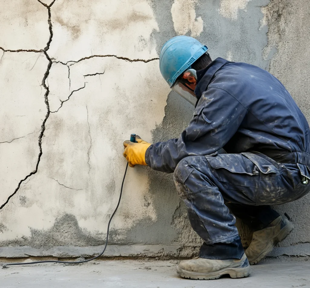 Technician repairing cracks in a concrete basement wall in Fort Mill, SC