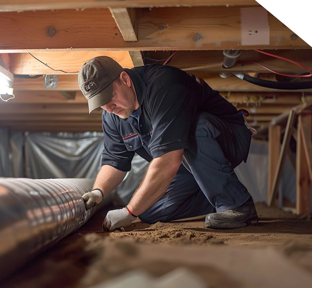 Technician installing a crawl space drainage pipe in Fort Mill, NC