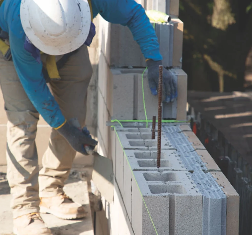 Worker rebuilding a concrete block crawl space foundation wall in Fort Mill, NC