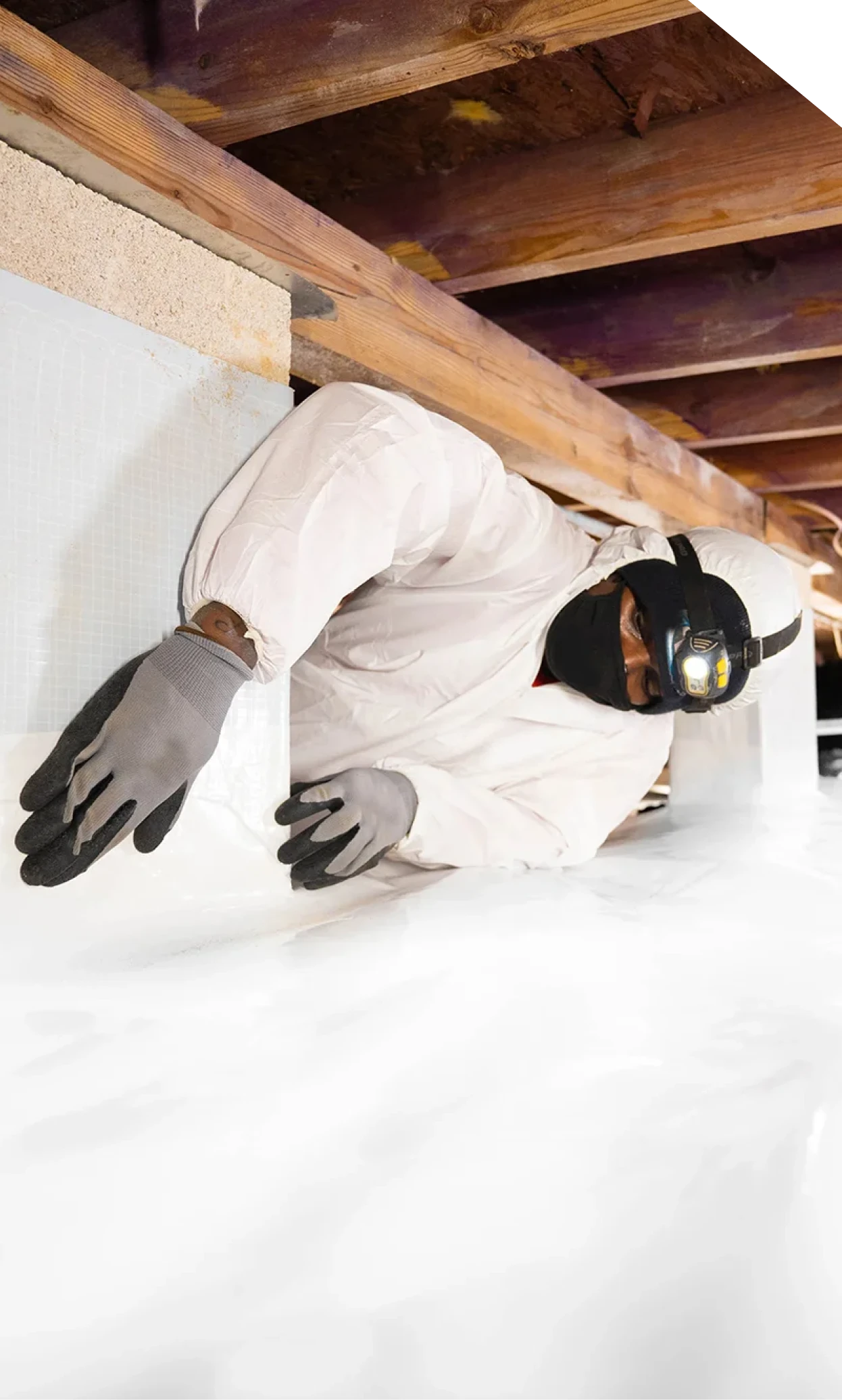 Technician inspecting an encapsulated crawl space during repair in Fort Mill, SC