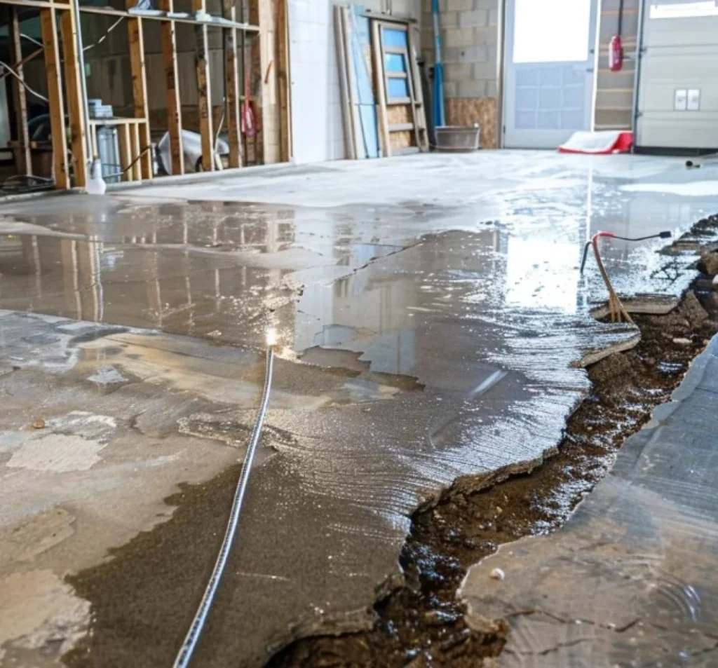 Broken and sunken garage concrete slab needing repair in Fort Mill, SC