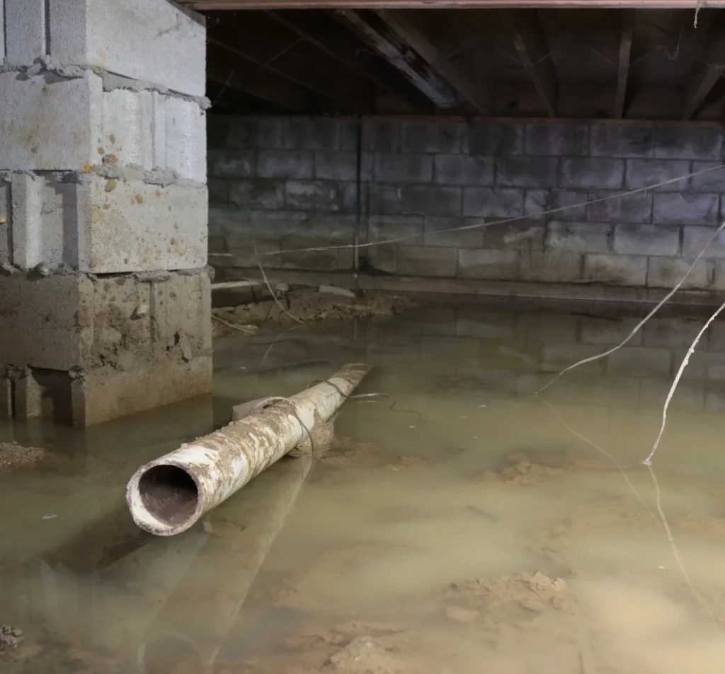 Standing water and drainage problems inside a flooded crawl space in Fort Mill, NC