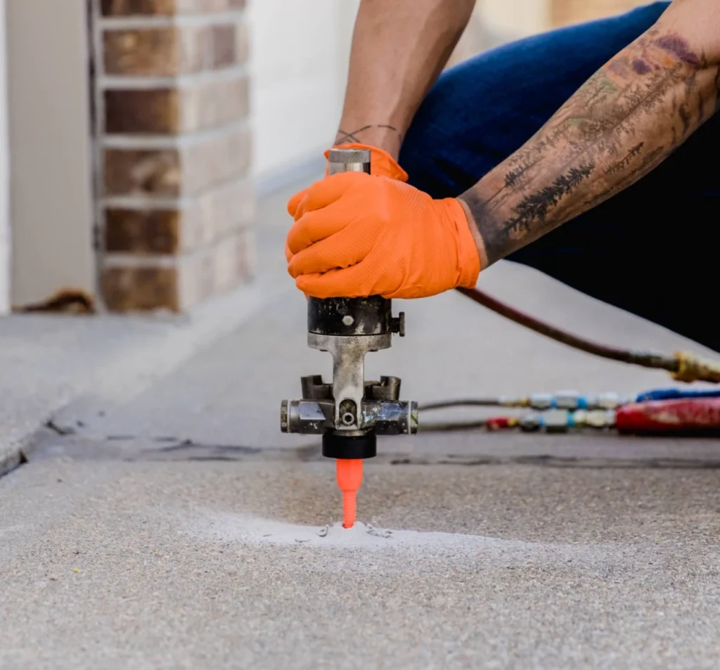 Technician injecting polyurethane foam beneath a concrete slab in Fort Mill, SC