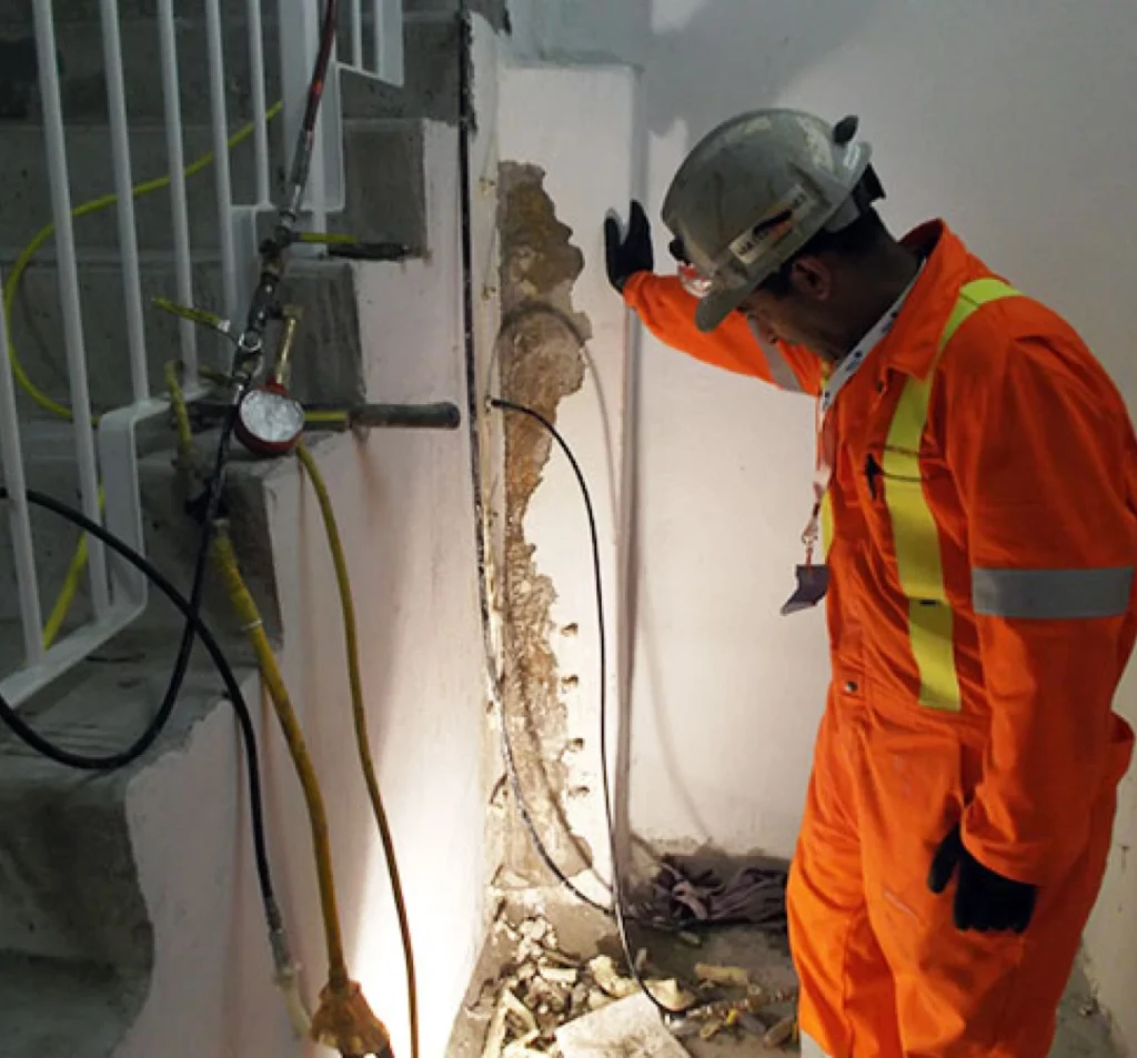 Technician monitoring polyurethane foam injection into a damaged wall in Fort Mill, SC