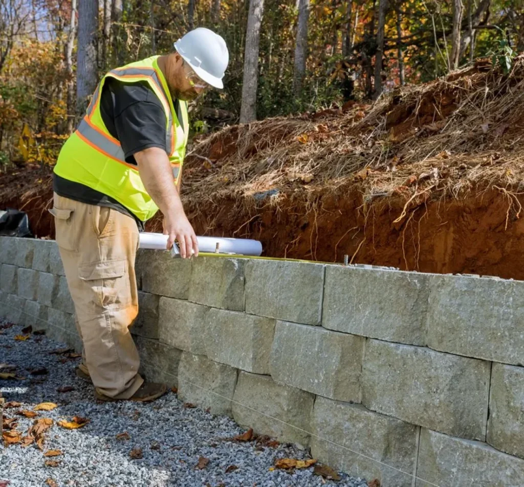 Steel anchors stabilizing a leaning retaining wall in Fort Mill, SC