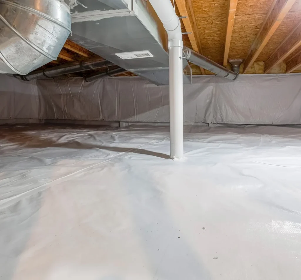 Sealed crawl space moisture barrier beneath a home in Fort Mill, SC