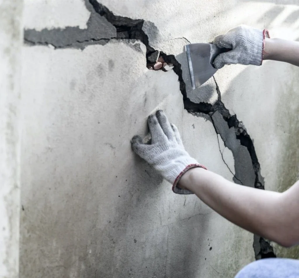 Technician preparing a large concrete crack for repair in Fort Mill, SC