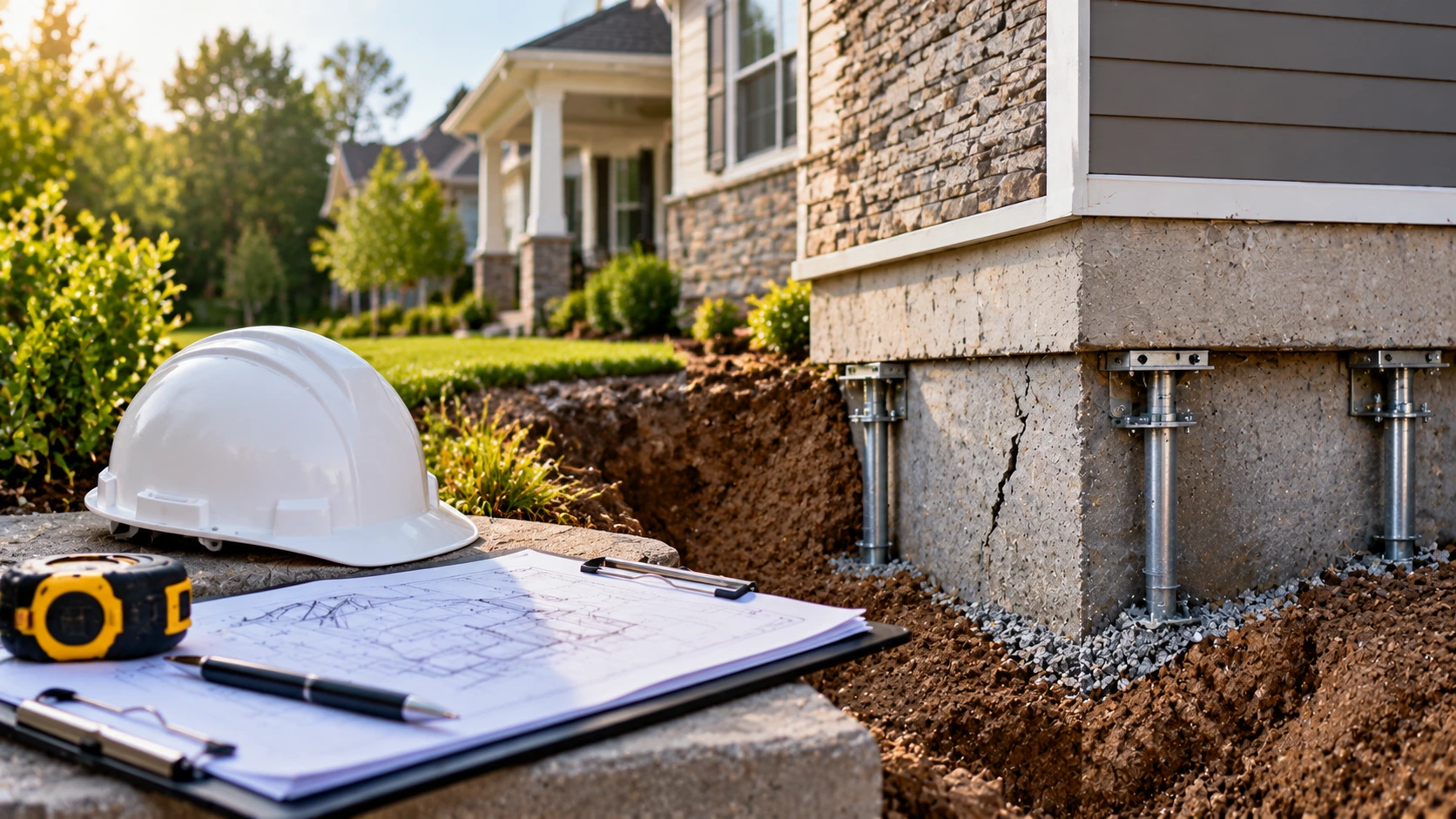 Residential foundation repair project showing a cracked concrete foundation with support piers, construction plans, and safety helmet