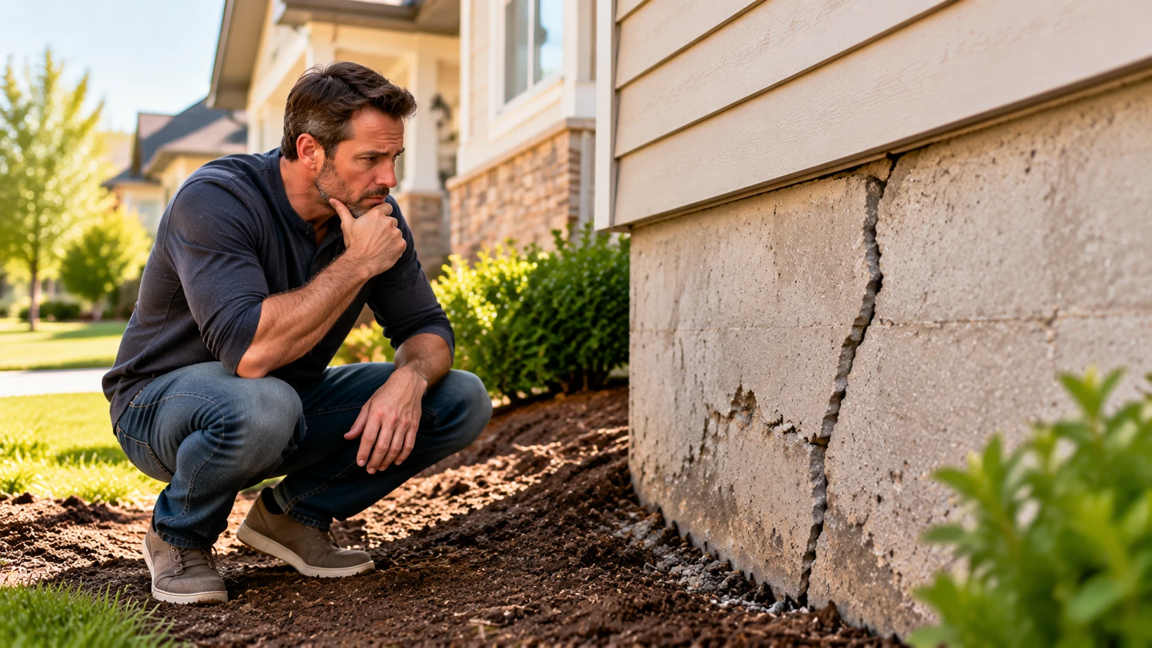 Homeowner examining a damaged foundation crack while considering repair needs