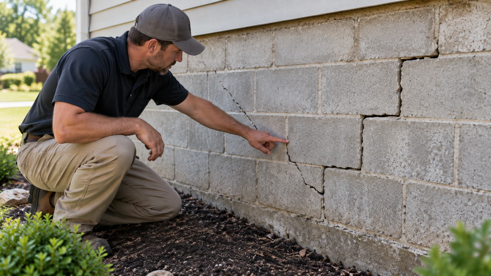 Masonry foundation wall with diagonal and stair-step cracking patterns