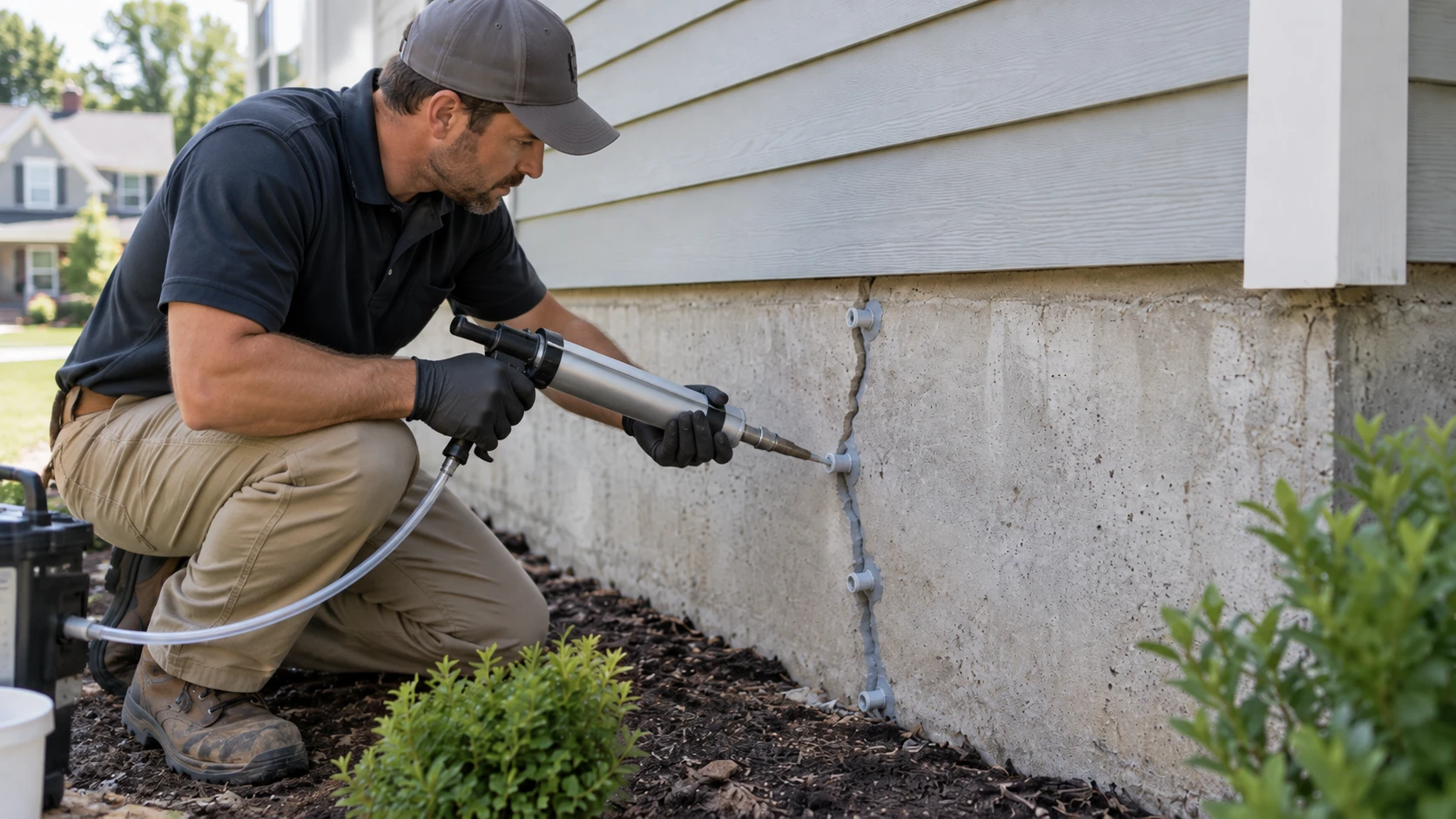 Contractor repairing a cracked residential concrete foundation wall