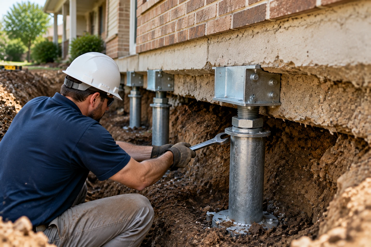 Professional contractor inspecting a cracked residential foundation wall