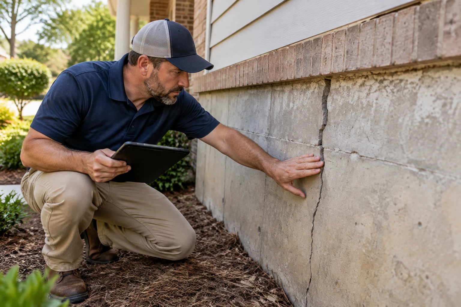 Foundation specialist inspecting cracks and damage on a residential concrete foundation