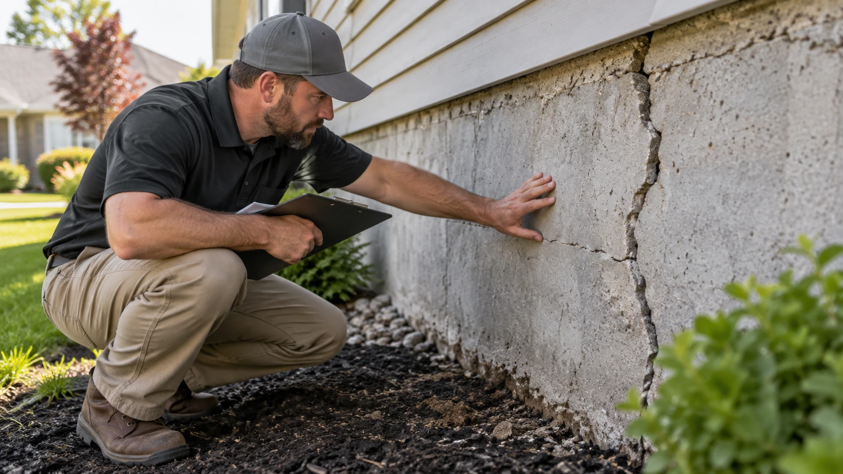 Contractor inspecting a cracked foundation wall to assess repair cost factors