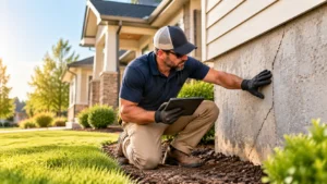 Home inspector examining a cracked residential foundation during a professional inspection