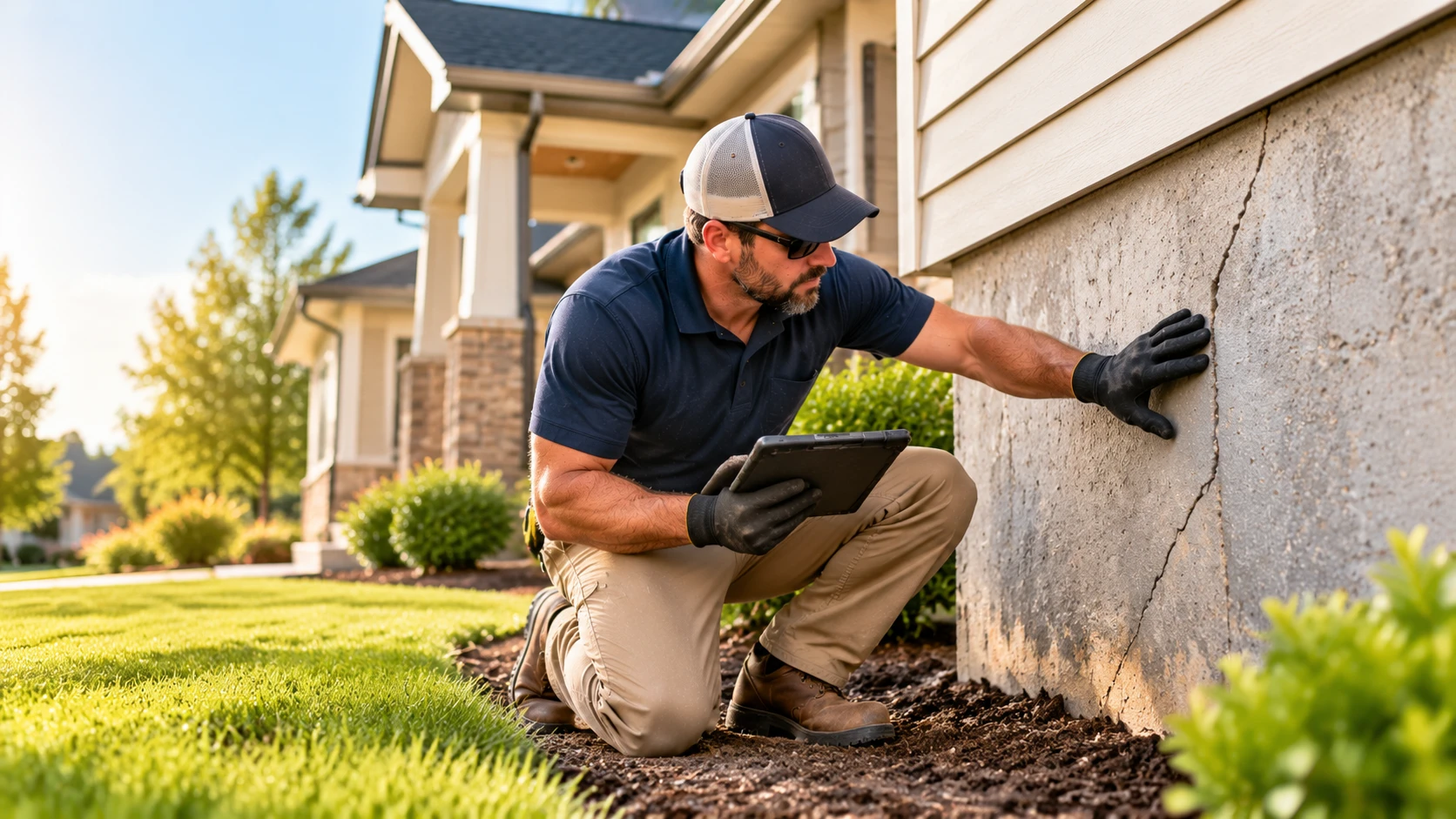 Home inspector examining a cracked residential foundation during a professional inspection