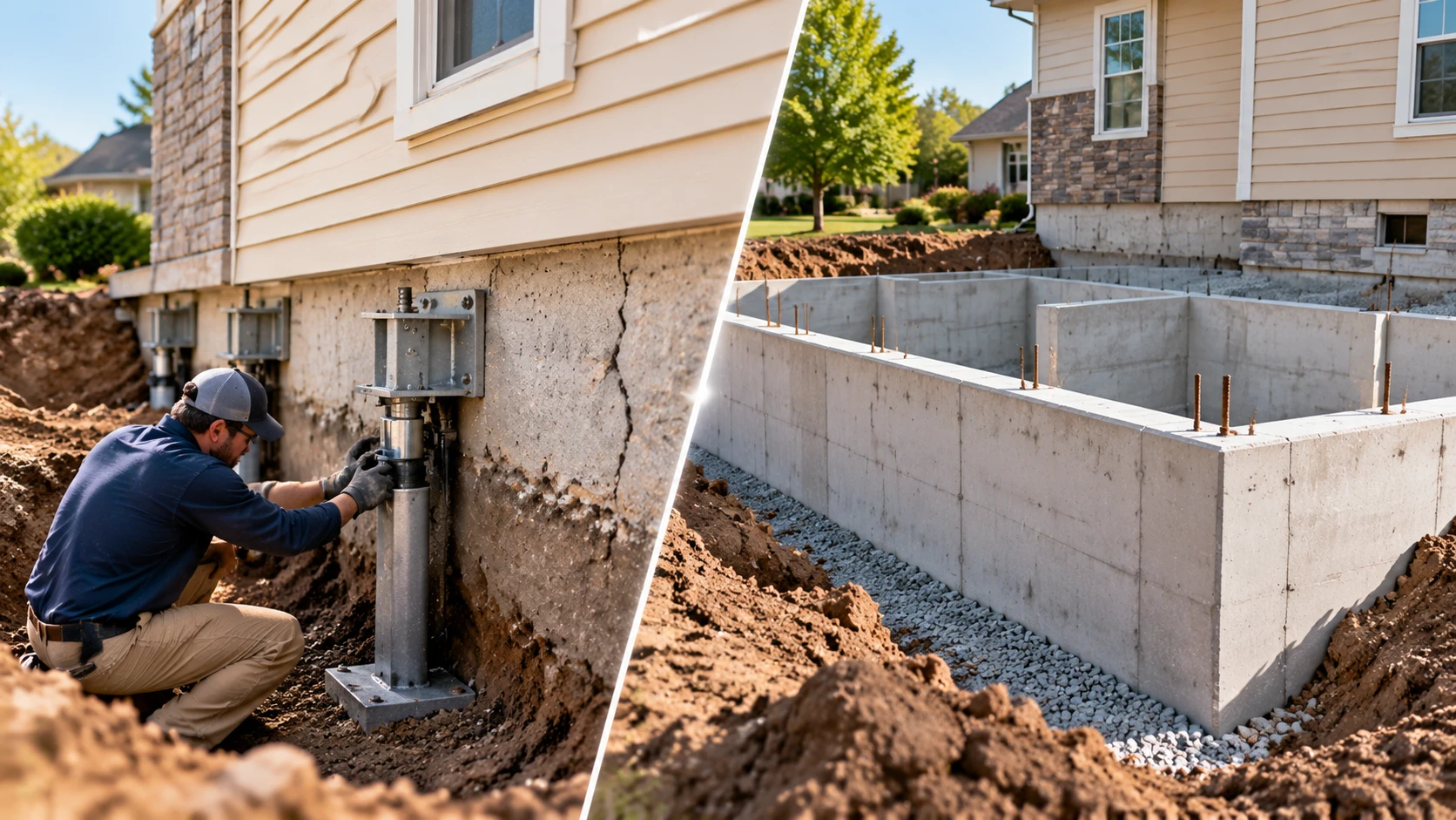 Comparison of foundation repair support work and new concrete foundation construction