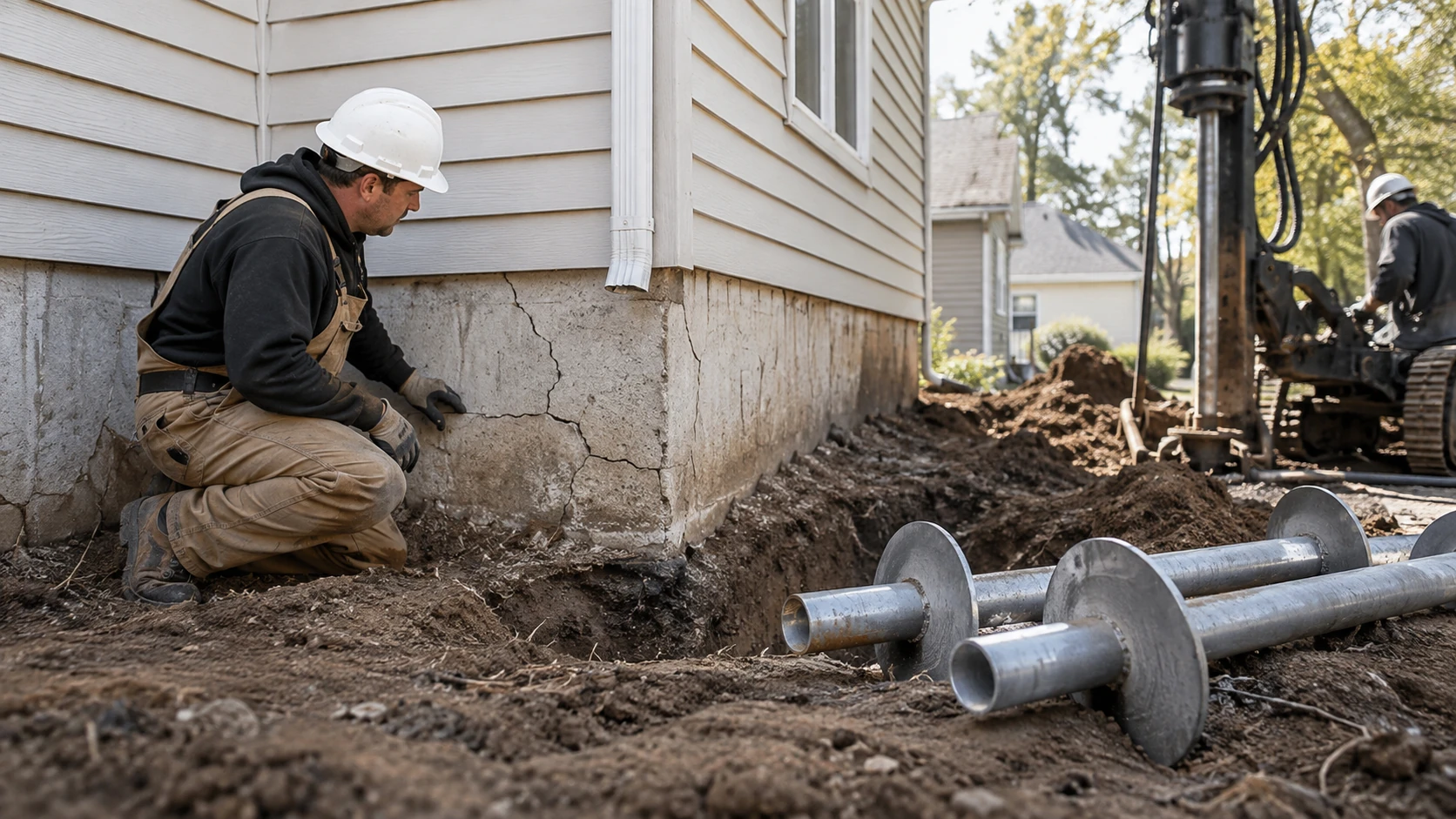 Contractor inspecting cracks in a settling residential foundation with helical pier equipment nearby