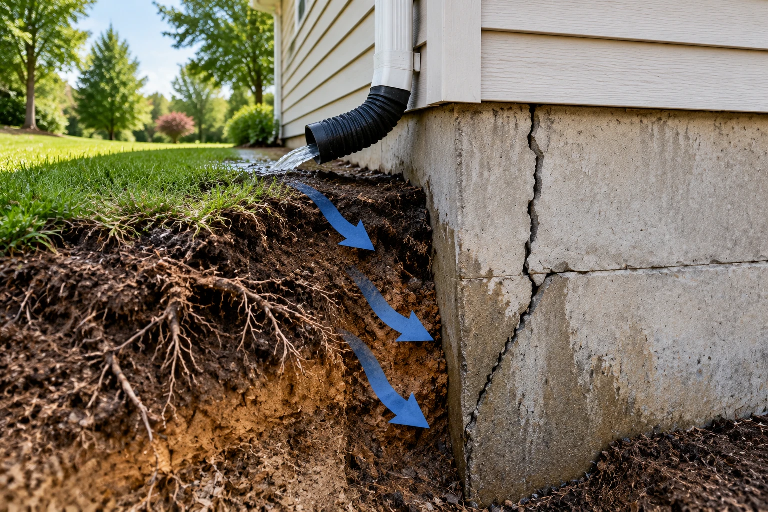 Foundation wall damage caused by soil movement and drainage issues