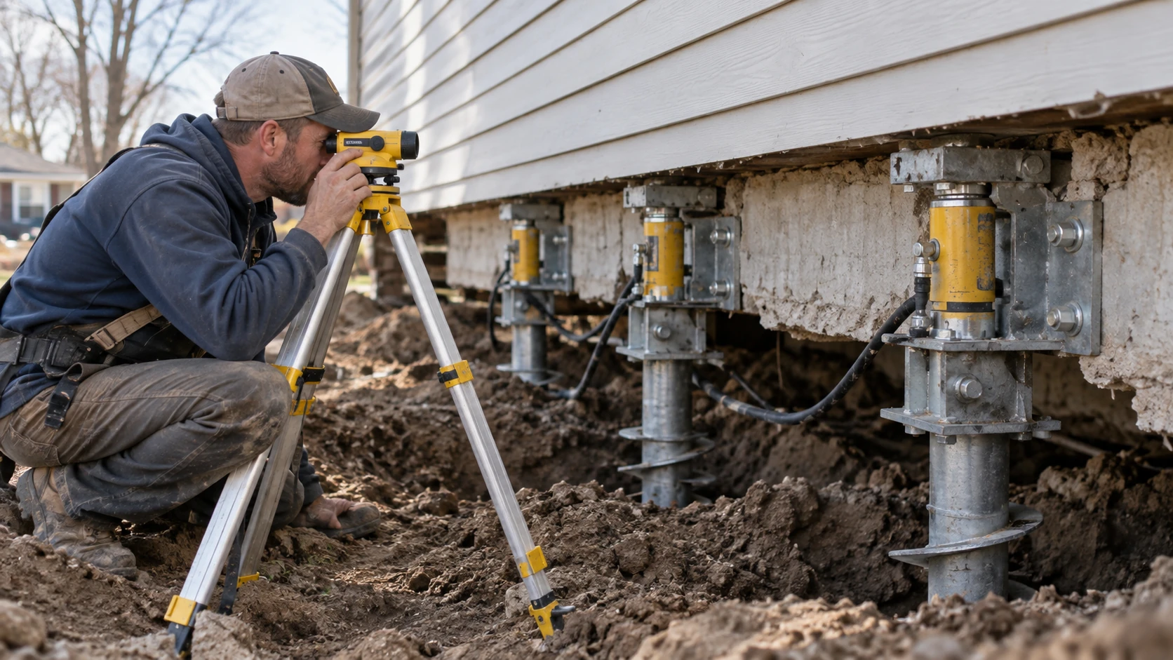 Foundation technician checking elevation while hydraulic supports stabilize a residential foundation