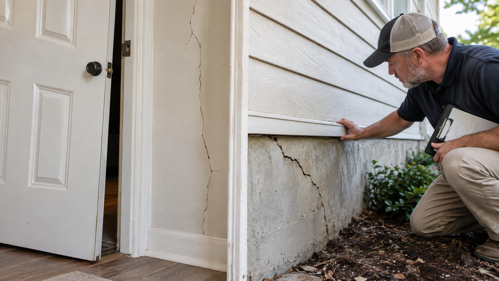 Foundation inspector examining wall cracks and a misaligned doorway caused by possible structural movement
