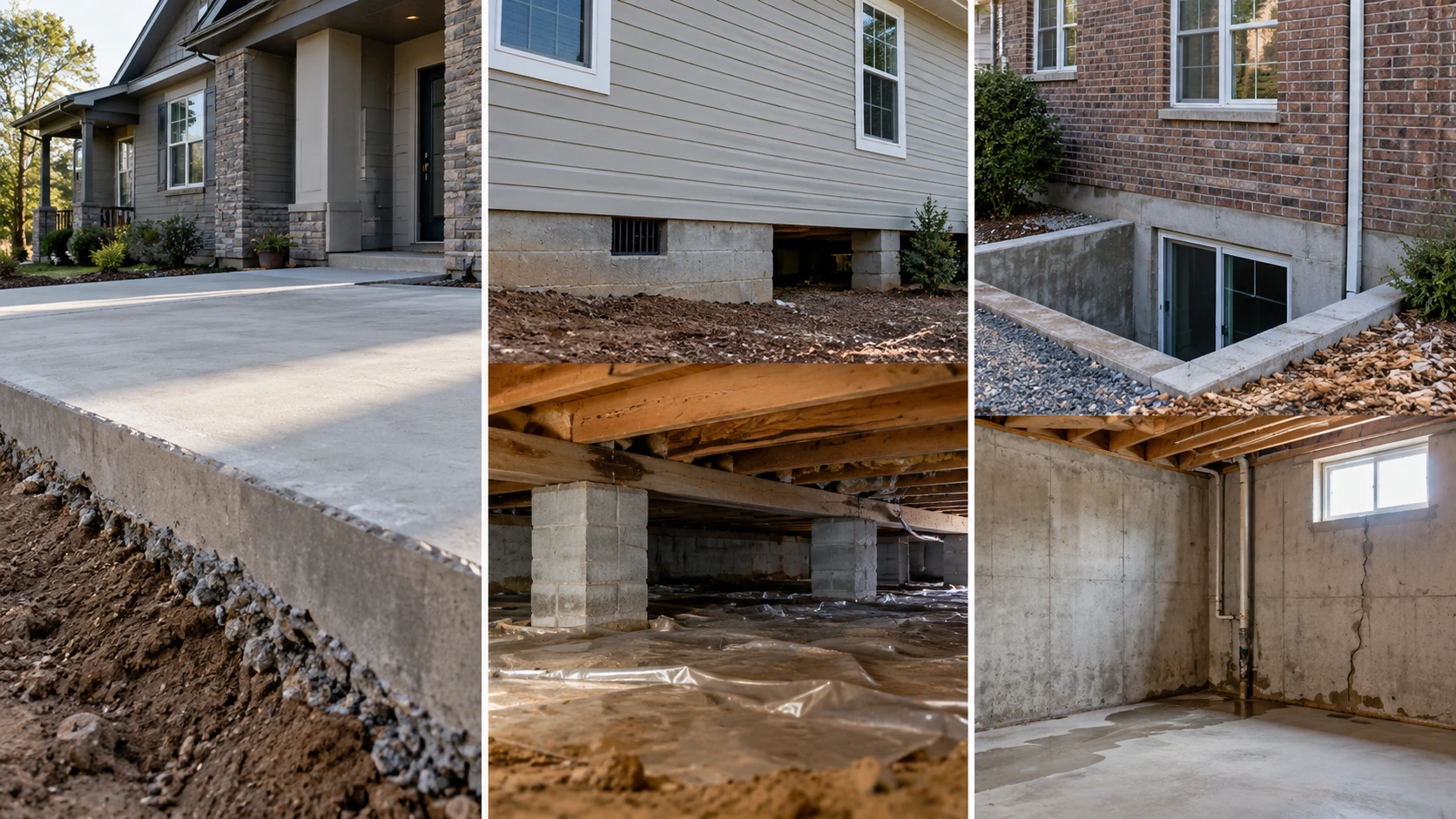Different residential foundation types including slab, crawl space, and basement foundations