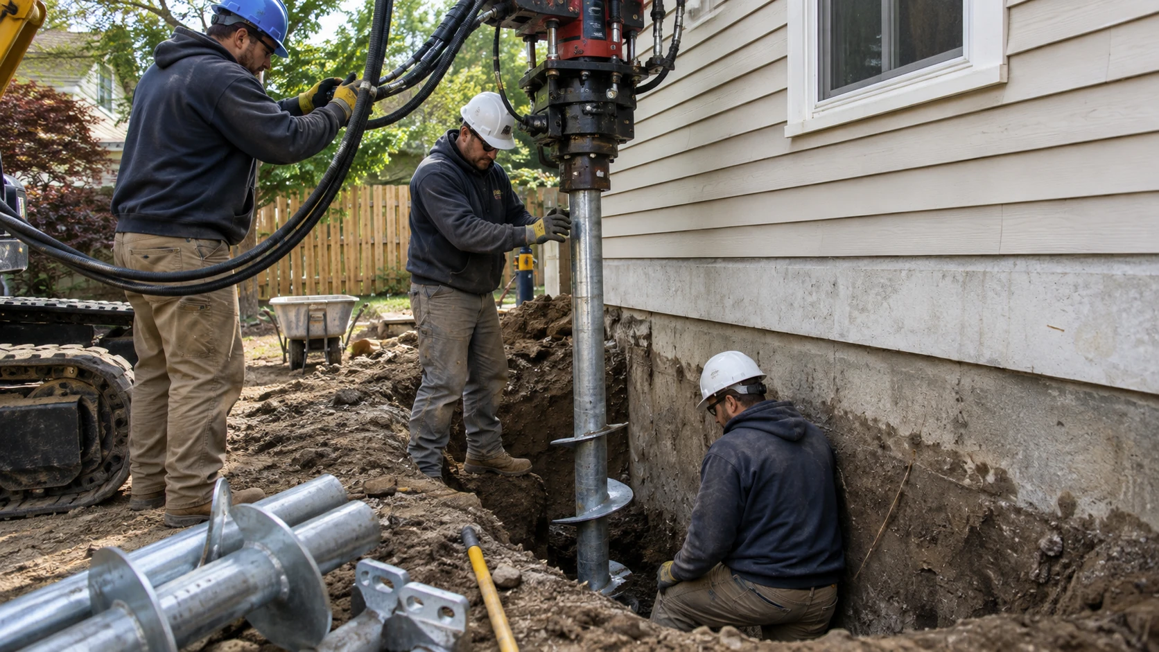 Construction crew using hydraulic equipment to install a helical pier beside a residential foundation