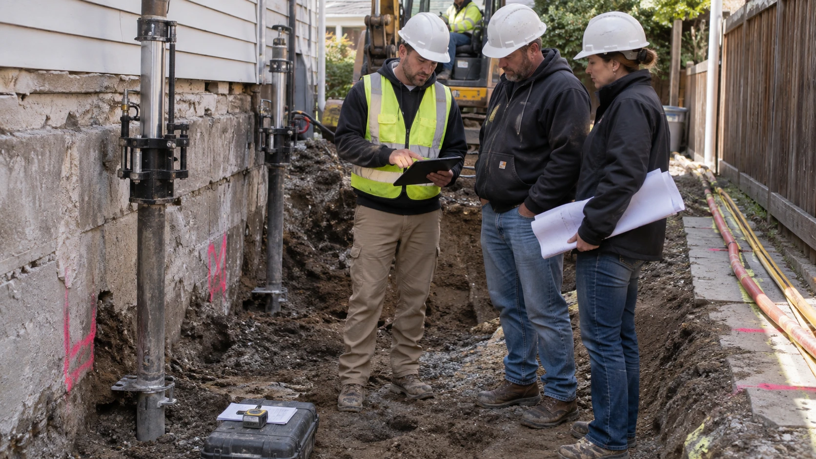 Foundation repair team reviewing site conditions and installation quality beside an excavated home foundation