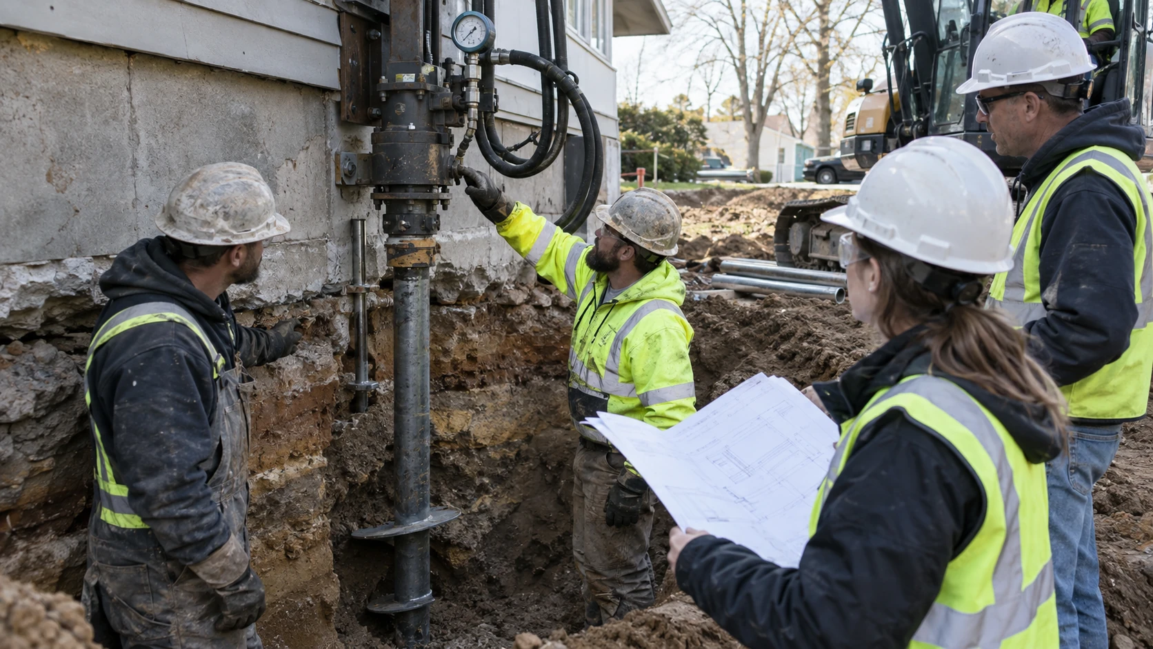 Engineers and foundation contractors monitoring helical pier installation torque beside exposed soil layers
