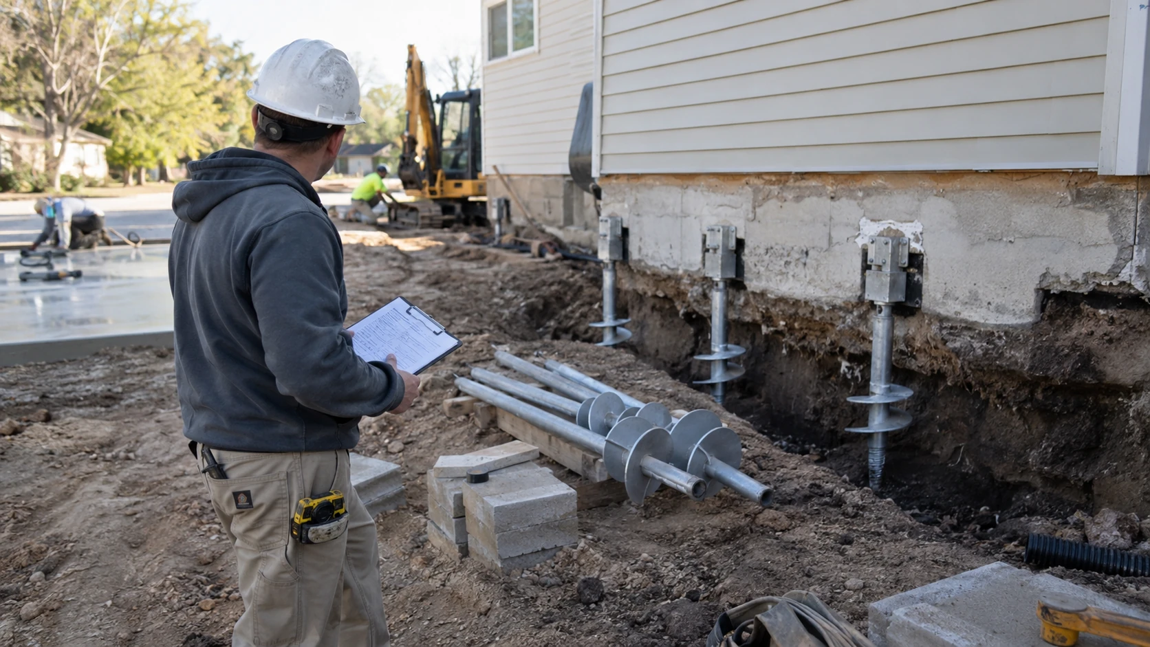 Foundation contractor reviewing helical pier systems and other structural repair equipment at a residential job site