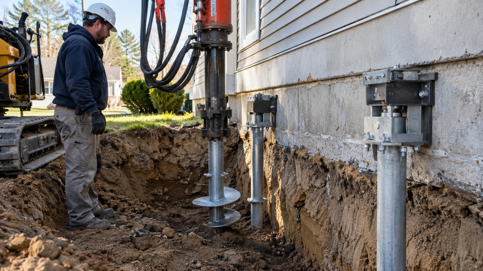 Foundation repair crew installing helical piers beside a residential home for structural stabilization