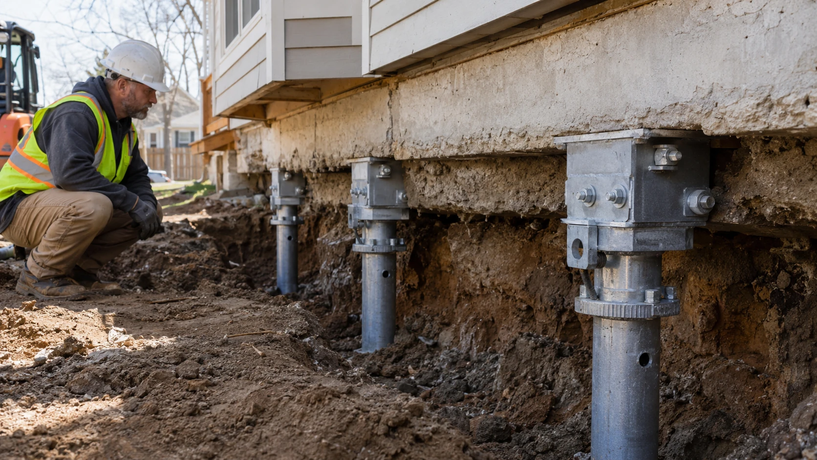 Helical pier brackets installed beneath a residential foundation to provide structural support