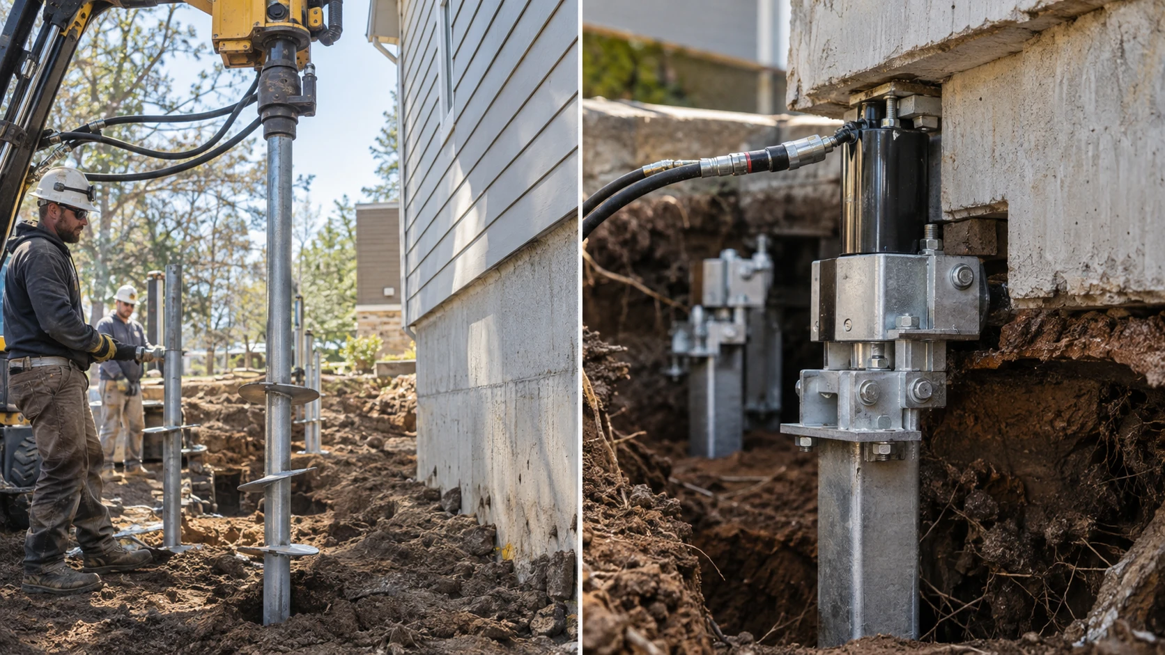 Side-by-side comparison of helical pier and push pier foundation repair systems