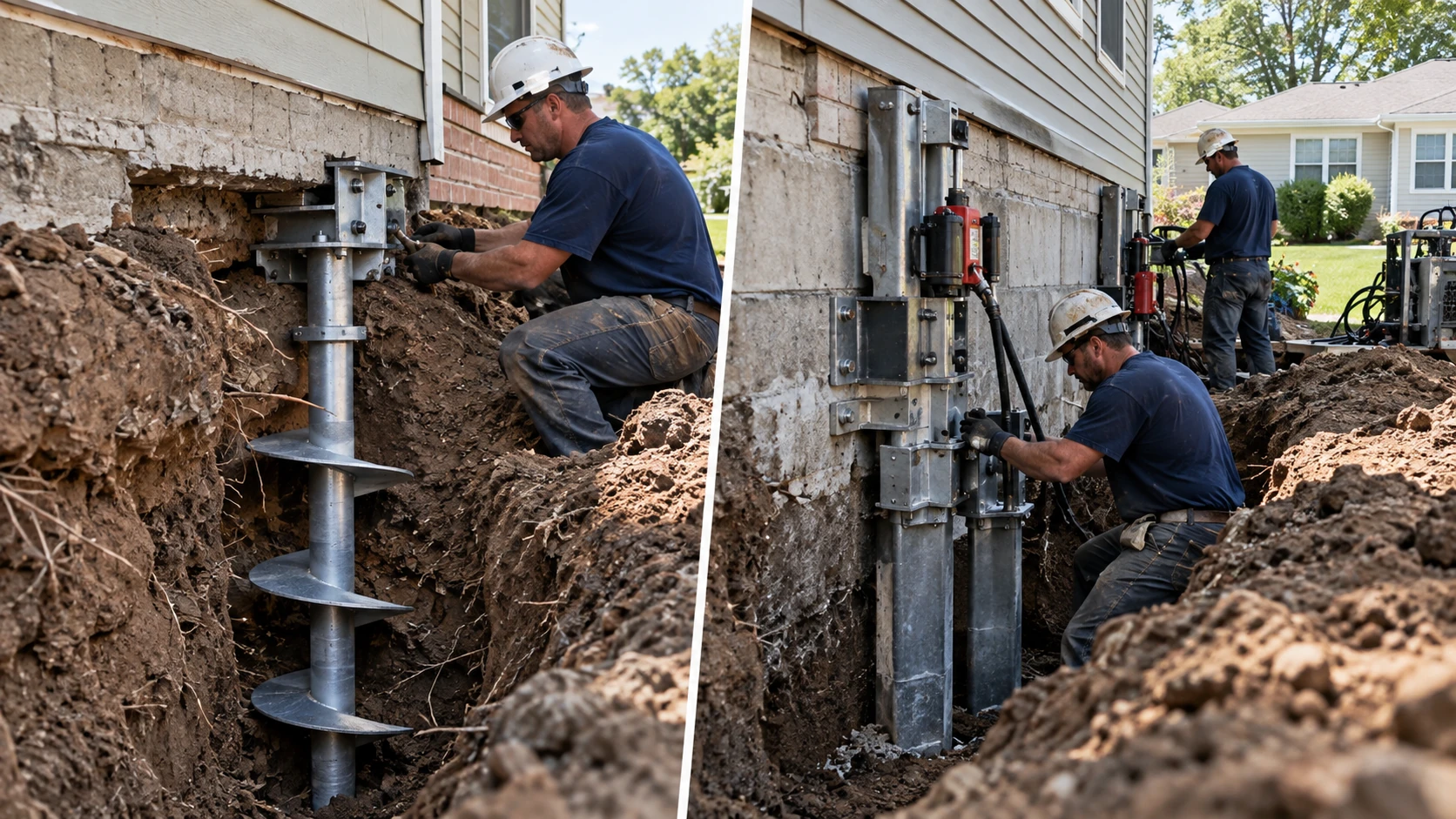 Foundation repair professionals working with helical and push pier systems beside a residential home