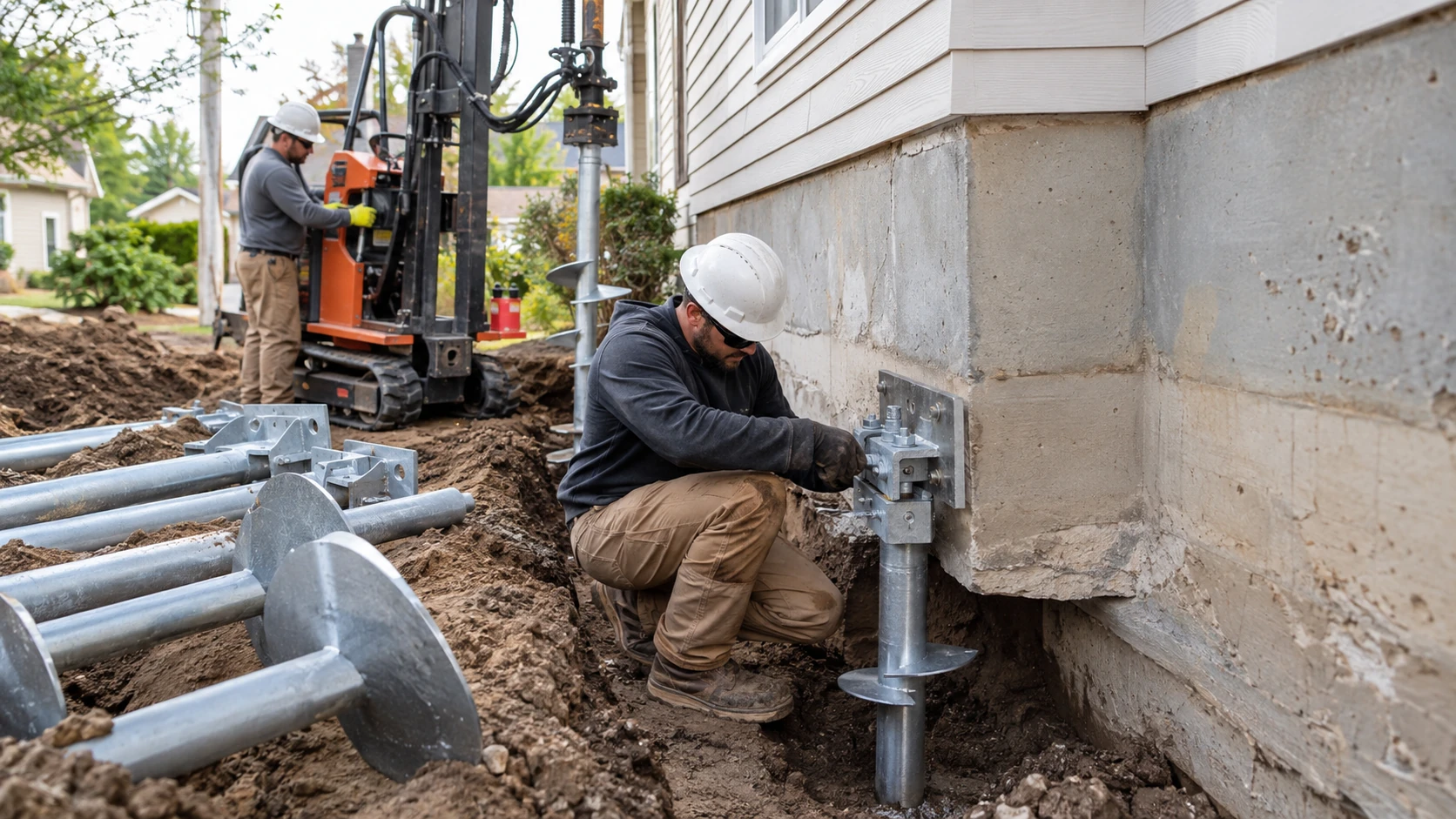 Foundation repair crew installing helical piers beside a residential home foundation