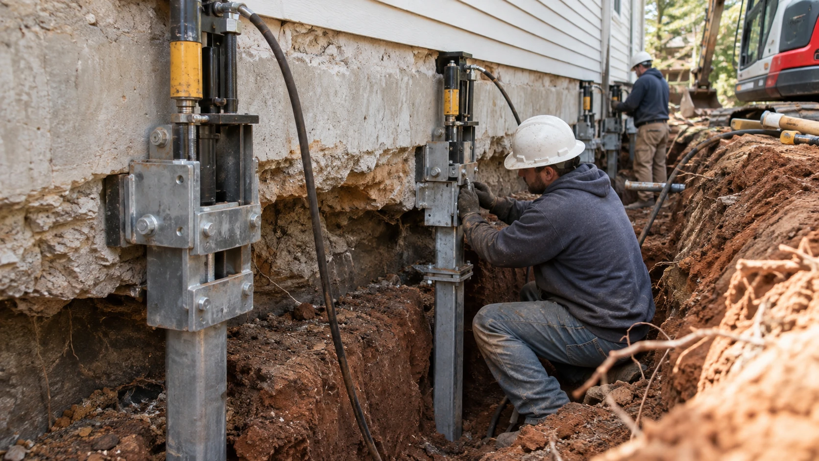 Foundation repair specialist installing hydraulic push piers beneath an existing home foundation