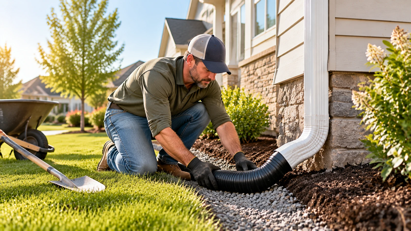 Homeowner installing drainage solutions near a house foundation to prevent moisture issues