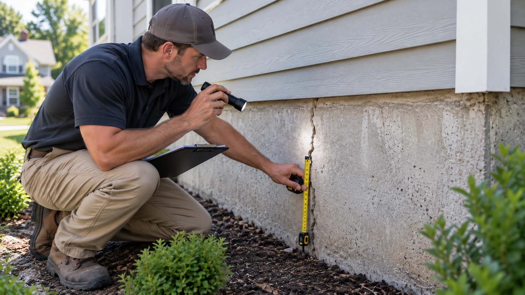 Foundation specialist measuring and inspecting a cracked concrete wall