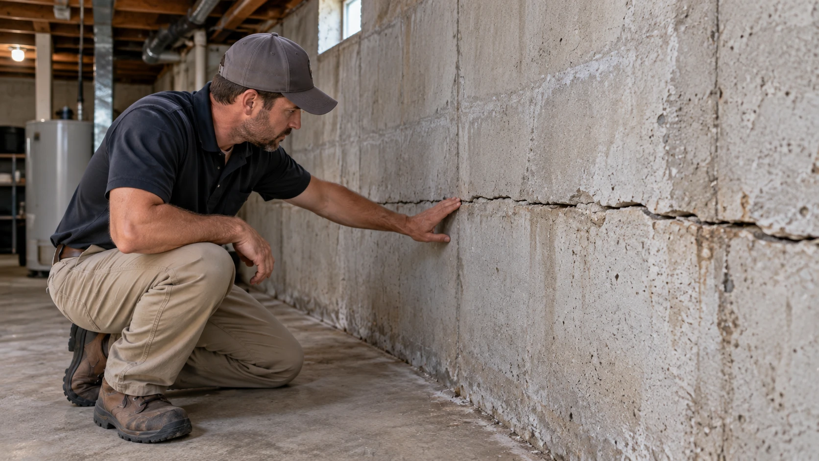 Severe foundation crack with displacement and moisture damage on a home foundation
