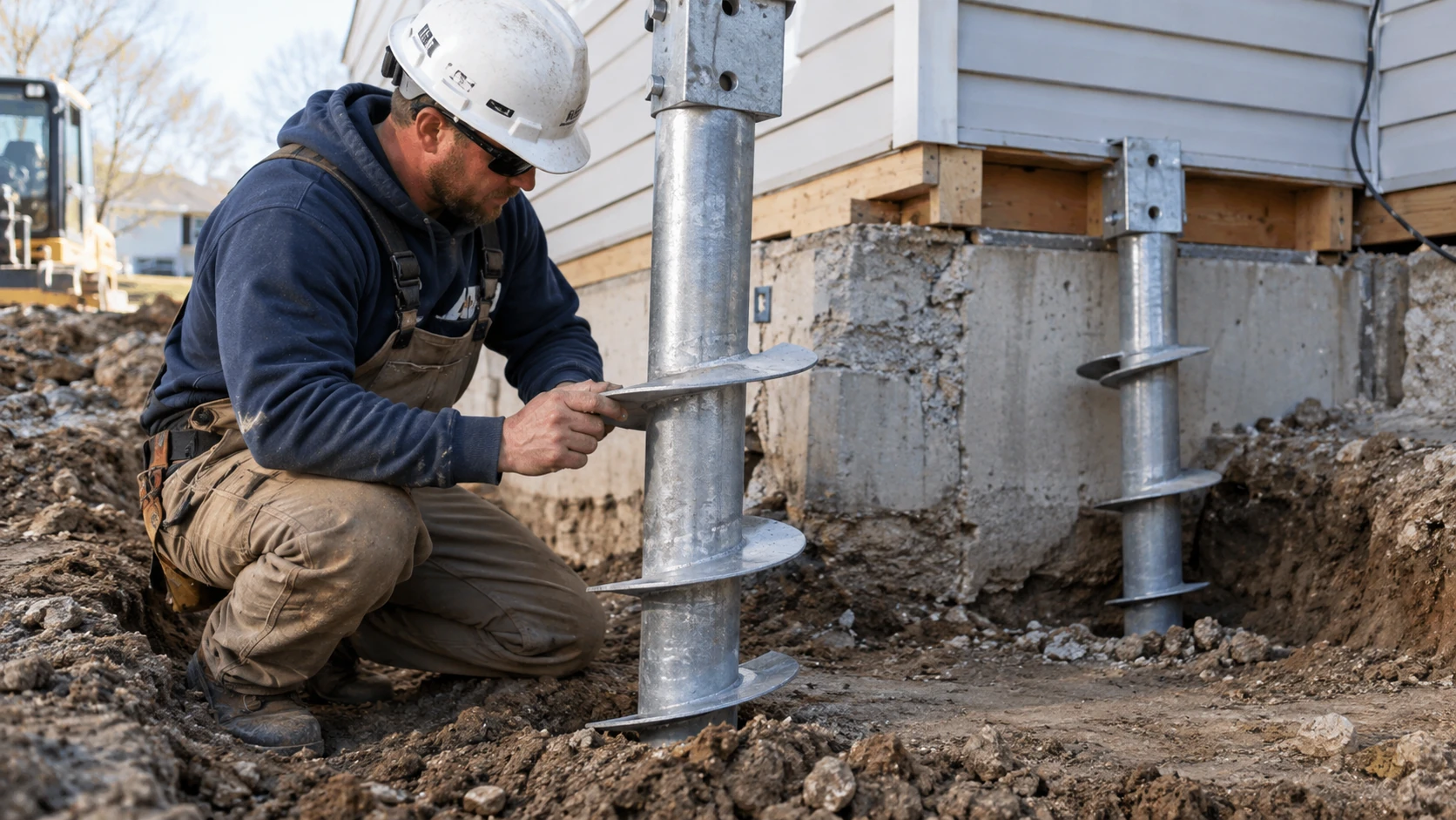 Foundation specialist inspecting steel helical piers with visible helix plates beside a home foundation