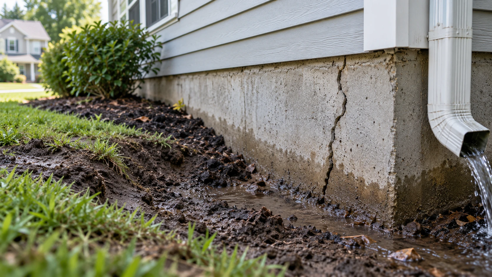 Residential foundation wall with cracks caused by soil movement and moisture conditions
