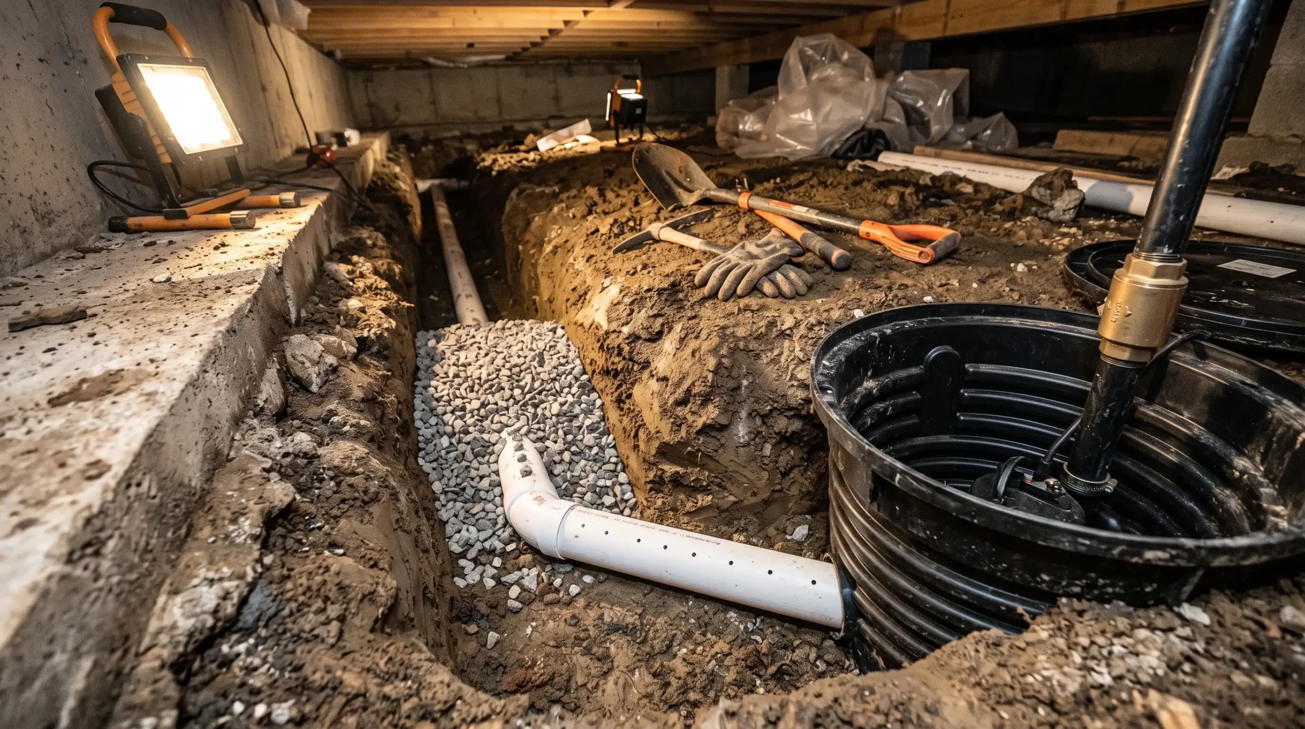 Interior perimeter French drain gravel trench and sump pump basin installed along crawl space footing