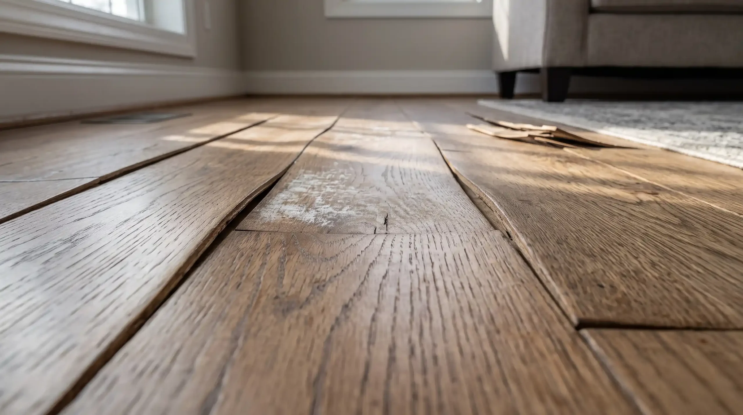 Close-up photographic detail of interior residential hardwood flooring planks warping and cupping