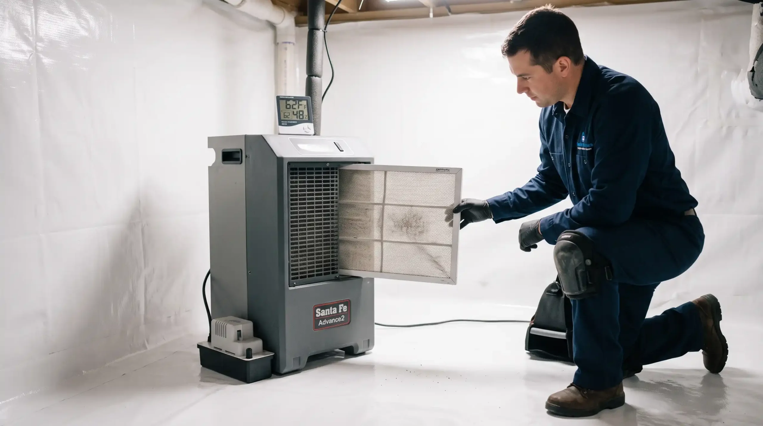 Homeowner servicing commercial crawl space dehumidifier by sliding out air filter in clean white space