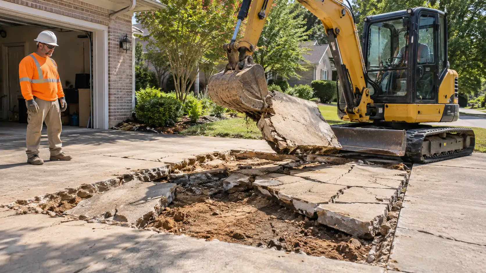 Mini excavator removing a broken concrete driveway panel.
